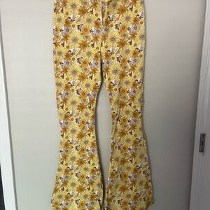 Forever 21 Yellow Flare Wide Leg Jeans with Retro Floral Print